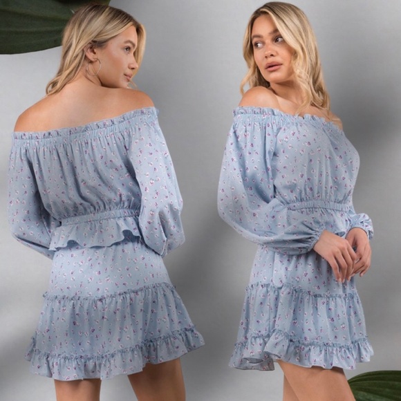 NEW Sky Blue & Purple Floral Off Shoulder Long Sleeve Peasant Top & Skirt Set - Picture 1 of 4